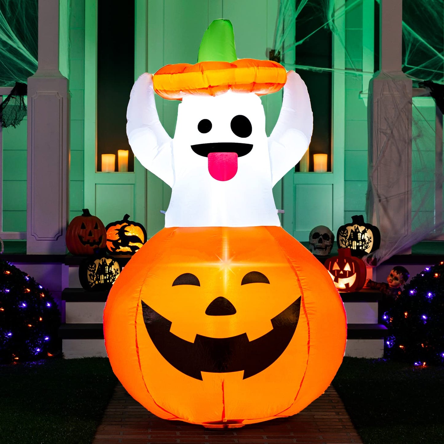 Joiedomi 5 FT Halloween Inflatable Ghost Outdoor Decorations, Blow Up Yard Decorations in Pumpkin, Blow Up Ghost Inflatable with LEDs for Cute Halloween Decor