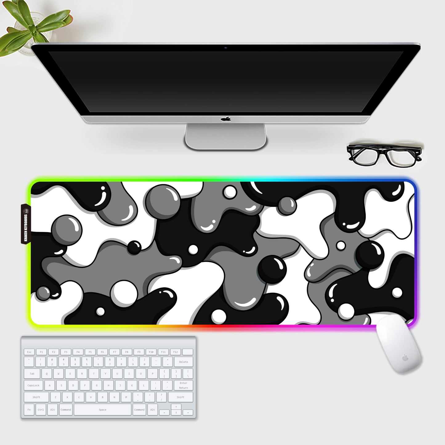 KRAKEN KEYBOARDS DRIP XL Black & White Gaming RGB Mouse Pad - Professional Artisan Mouse Pad - Black & White Gaming RGB Desk Mat - 31" x 12" Thick Extended XXL Gaming Mouse Pad (Stealth)