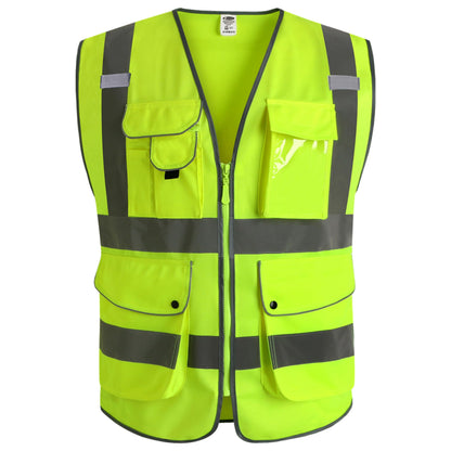 JKSafety 9 Pockets Class 2 High Visibility Zipper Front Safety Vest With Reflective Strips,Meets ANSI/ISEA Standard (Small, 150-Yellow)