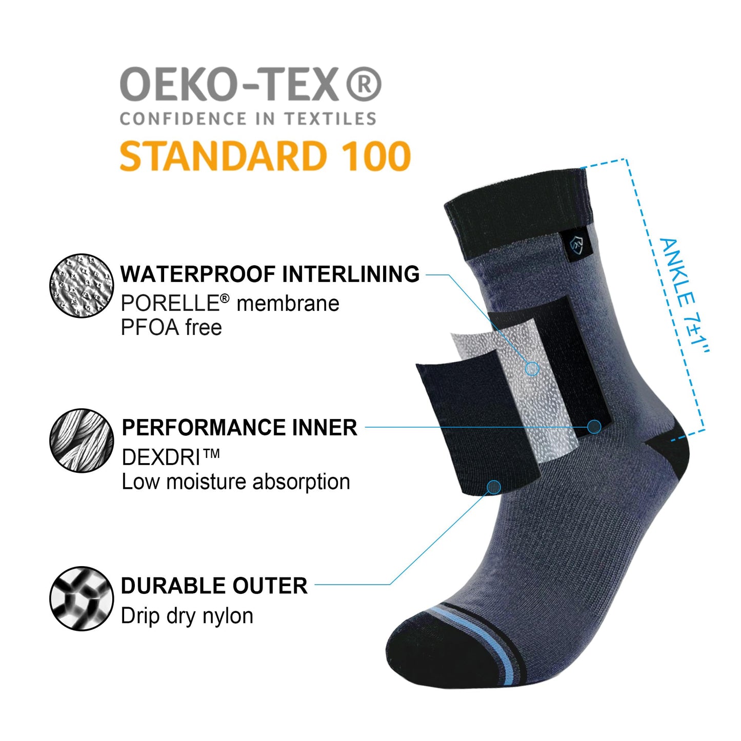 DexShell Waterproof Socks for Men & Women, Hiking Walking Outdoor Gear in Cold Wet Weather, DEXDRI Inners with Breathable PFOA-free Membrane, Unisex MD, SDS Grey