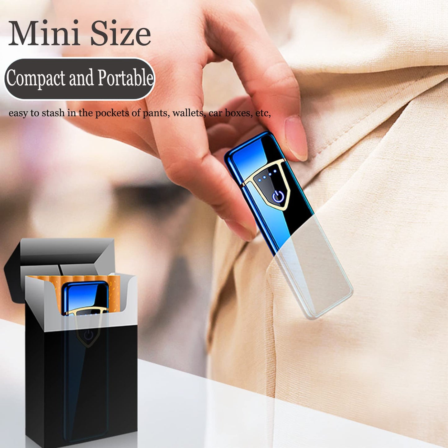 Electronic Lighter, Electric USB Lighter Windproof Rechargeable Slim Coil Lighter with Smart Fingerprint Sensor Double Side Ignition,Creative Power Indicator Flameless Boyfriends Gifts(Gold)