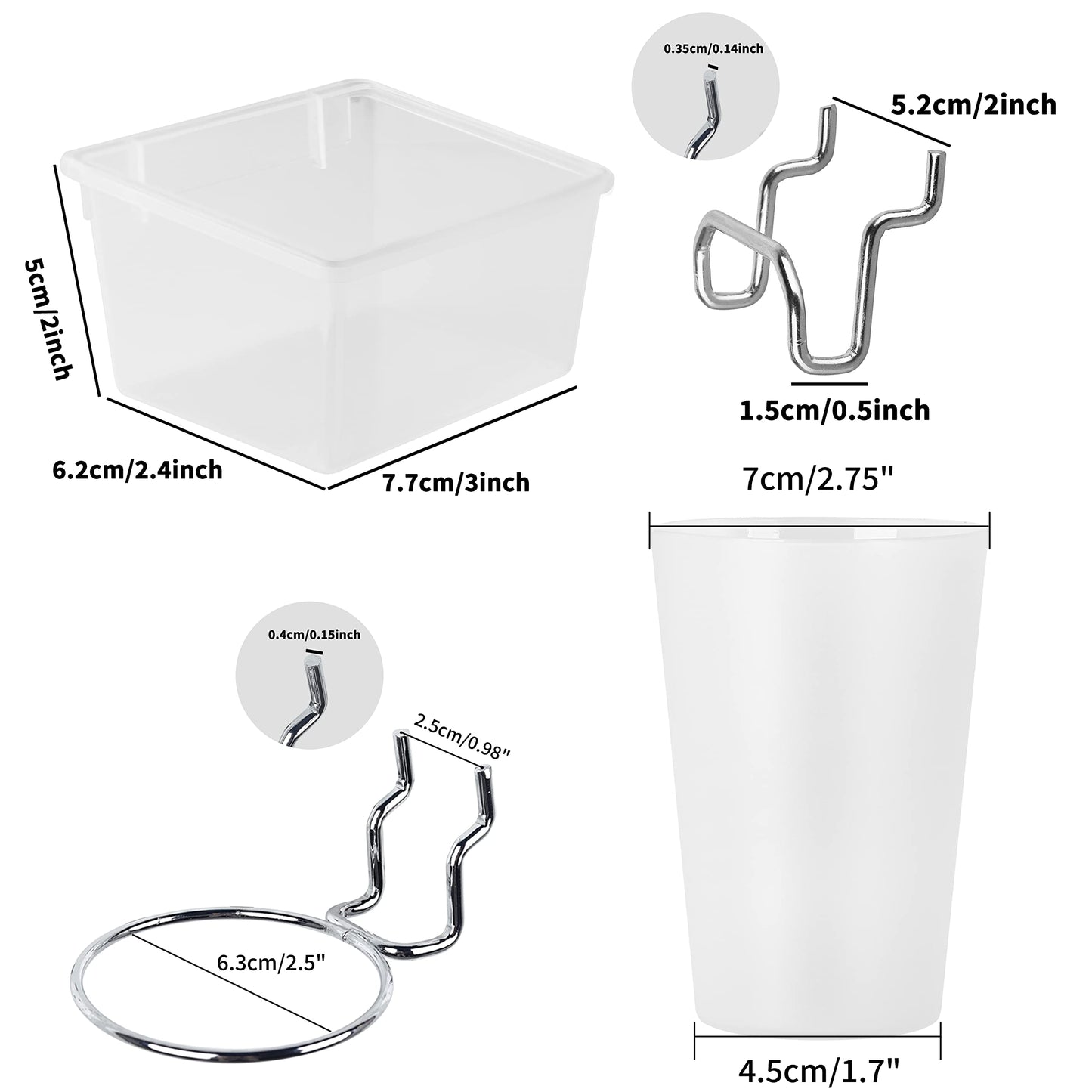 Kuhome 6 Sets Pegboard Bins and Cups with Pegboard Hooks, Pegboard Accessories Baskets, Hooks for Pegboard Cup Holder for Organizing Craft Tools Storage Garage Office Workbench Transparent