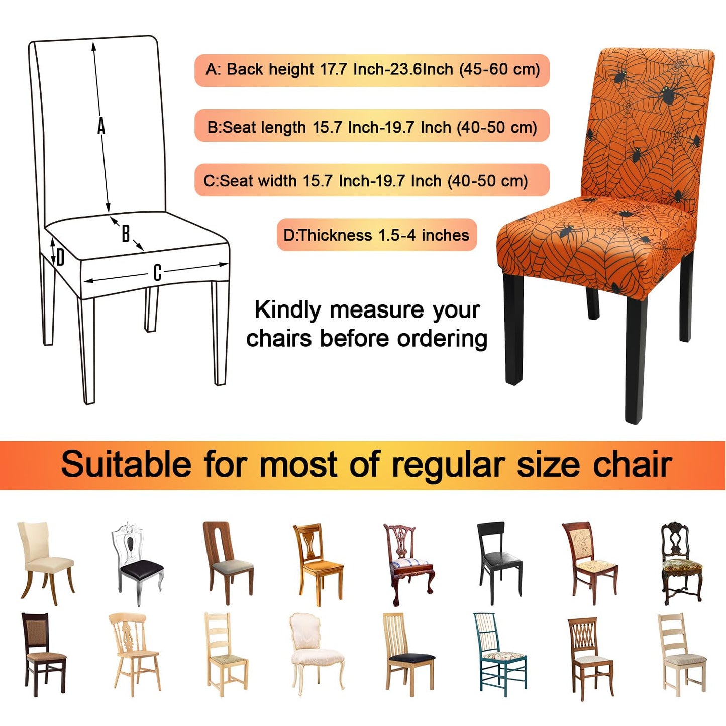 JQinHome Halloween Orange Dining Chair Slipcover, Spider Web Chair Covers Set of 4 ，High Stretch Washable Chair Protector Cover for Dining Room, Kitchen,Home Party,Wedding Ceremony(Orange, 4PC)
