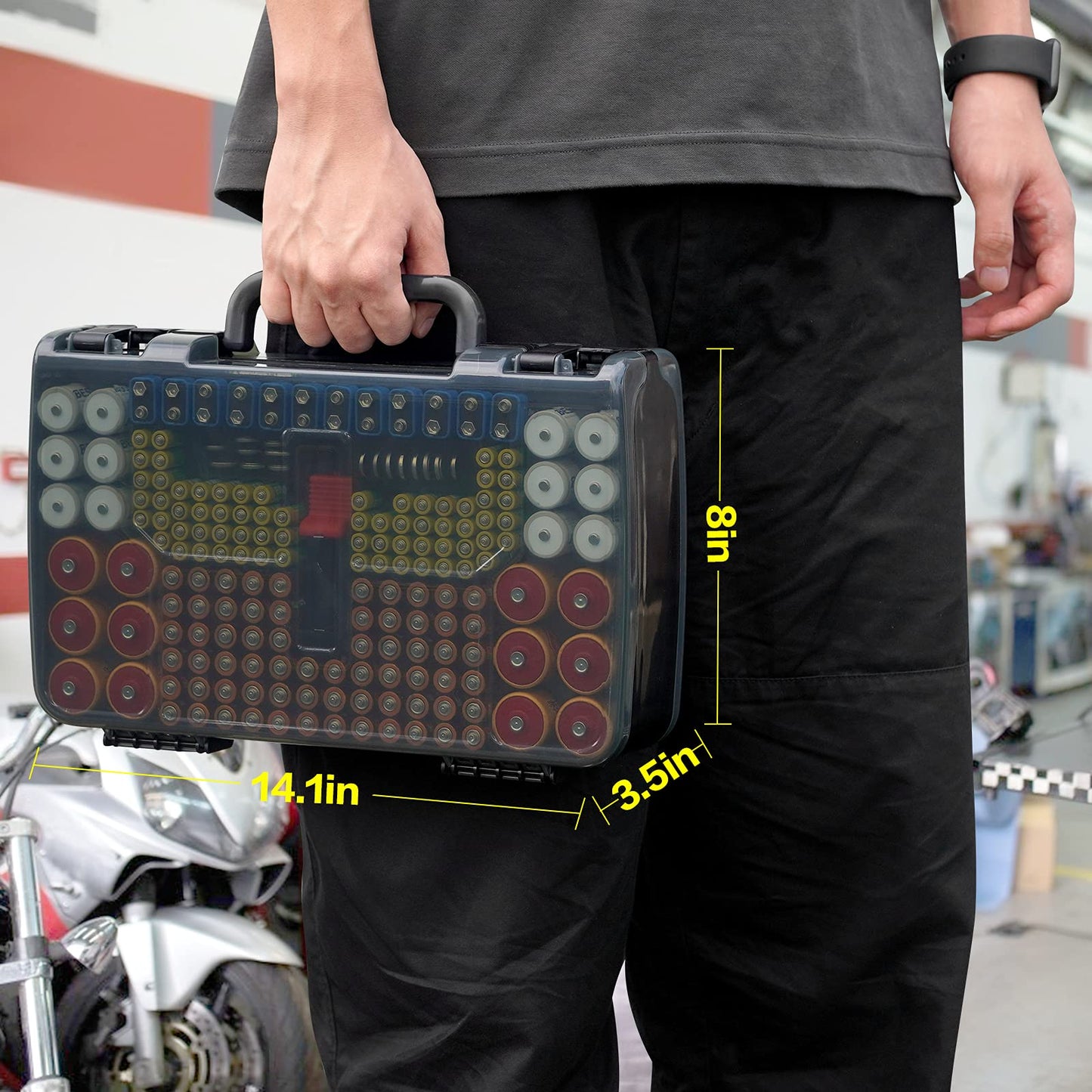 Aptbyte Battery Organizer Storage Holder Box Case with Tester- 269 Batteries Double-Sided Variety Pack, Holds AA AAA 4A C D Cell 9V 3V Lithium LR44 CR2 CR123 CR1632 18650 Button- Grey