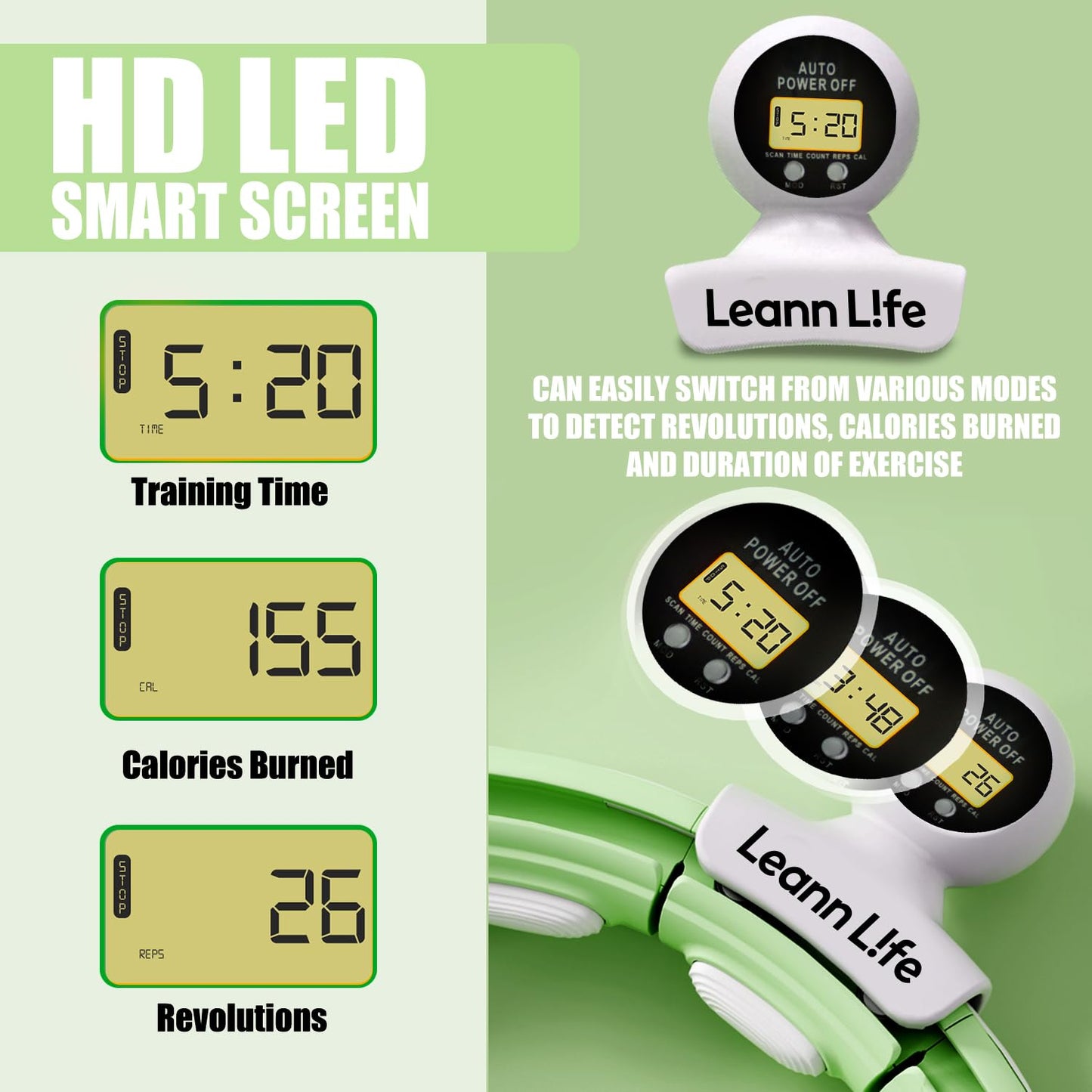 Leann L!fe U5-16 Knots with Counter, U5 Silent Smart Weighted Hula Hoop for Adults Weight Loss Infinity Hoop Plus Size, Home Outdoors Fitness Exercise, Abdominal Toner, (Green-Waist 28"~46")