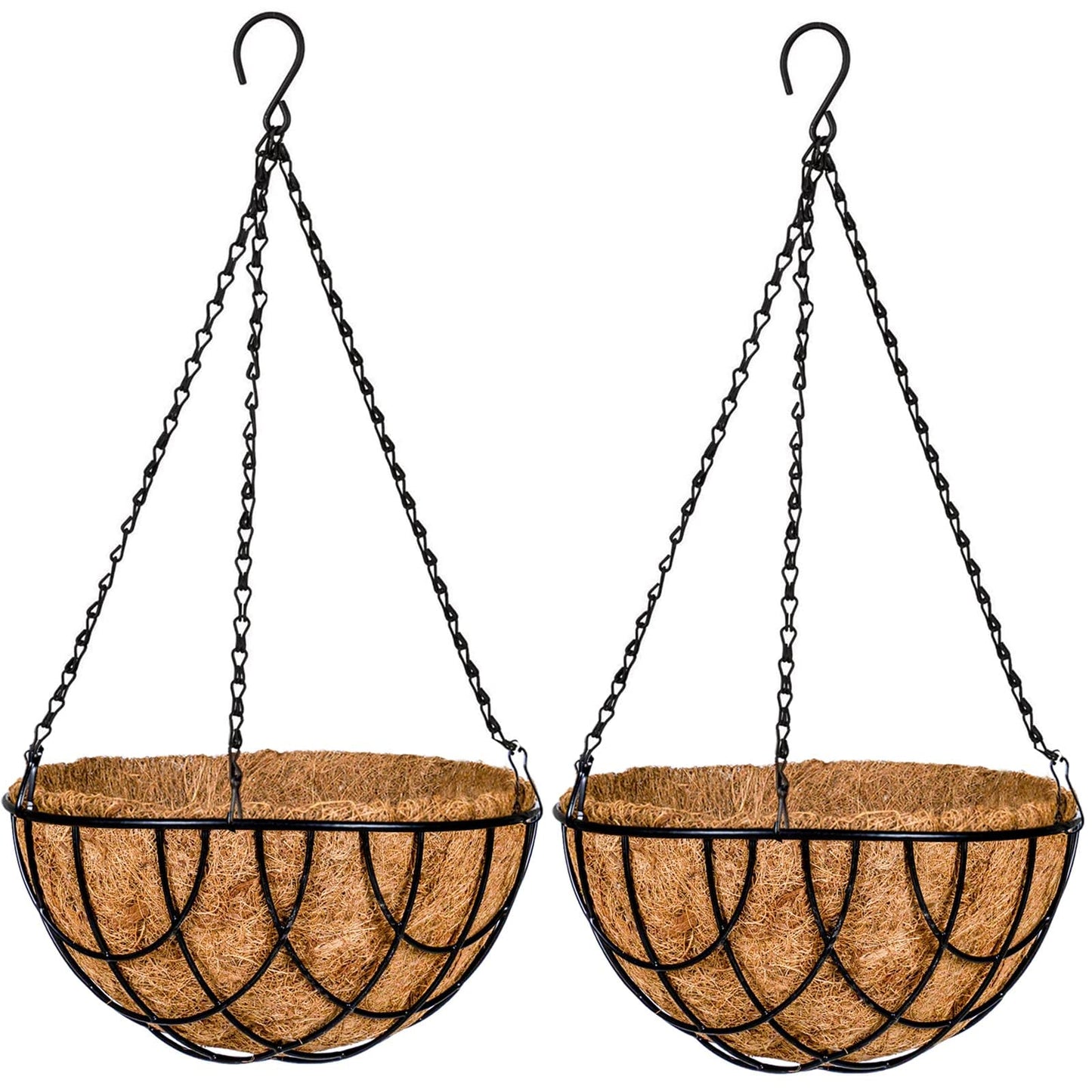 Kingbuy 12 Inch Metal Hanging Planter Basket with Coconut Fiber Liner Round Wire Hanging Plant Flower Pot for Home Garden Patio Decoration, Grid Pattern, 2 Pack