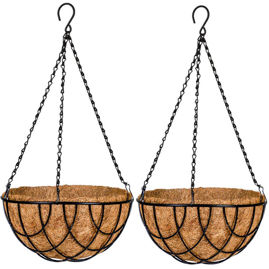 Kingbuy 12 Inch Metal Hanging Planter Basket with Coconut Fiber Liner Round Wire Hanging Plant Flower Pot for Home Garden Patio Decoration, Grid Pattern, 2 Pack