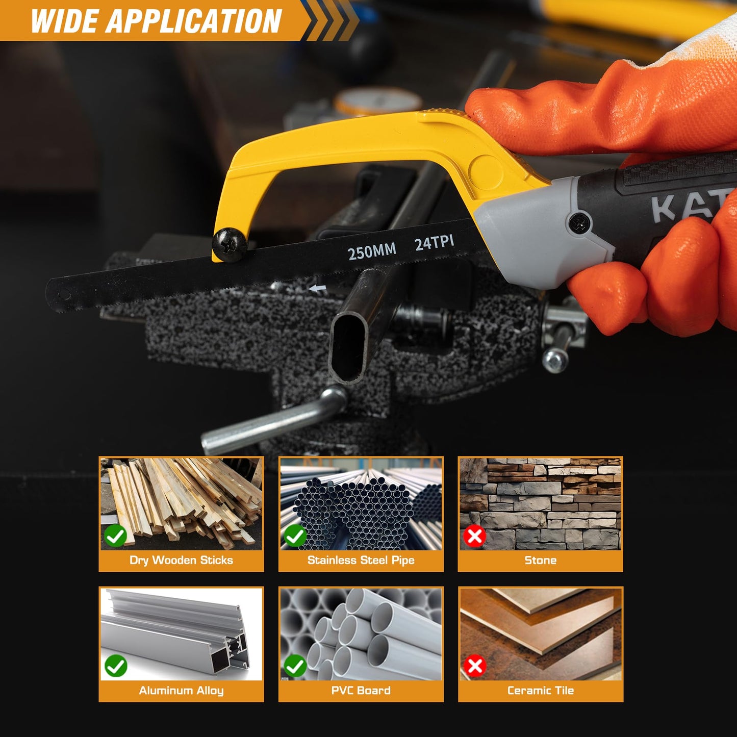 KATA Hacksaw, Compact Hand Operating Hack Saw with 10 Inch Aluminum Frame and 2 Piece Extra Flexible Bi-Metal HSS Blades, Suitable for Wood and Metal (Mini Hacksaw)