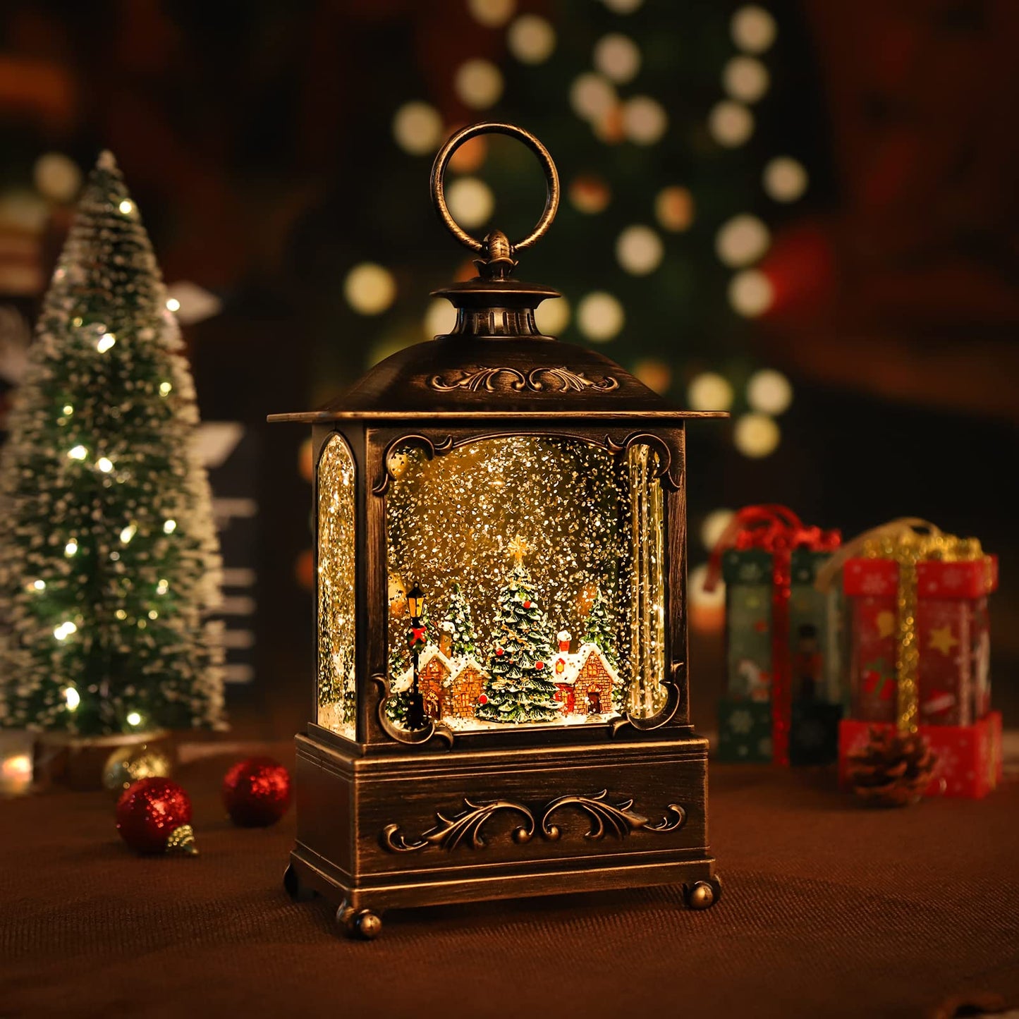 Christmas Lantern, Lit Christmas Snow Globe Lantern-with USB+ Music Christmas Water Lantern Snow Globe Portable Creative Cute Christmas Decorations and Charming Gifts(Forest House