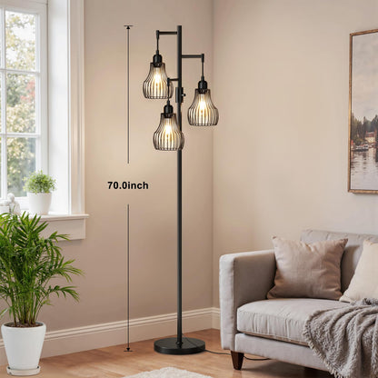Dimmable Floor Lamp, 3 x 800LM LED Edison Bulbs Included, Farmhouse Industrial Floor Lamp Standing Tree Lamp with Elegant Cage Tall Lamps for Living Room Bedroom Office - Black