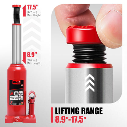 DNA MOTORING 8 tons / 17637 lbs Lifting Automotive Welded Hydraulic Bottle Jack for Repair Vehicle, Pickup, Truck, w/Manual Handle, Red,TOOLS-00358