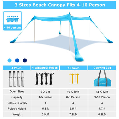 COMMOUDS Beach Tent Sun Shelter - UPF50+ Pop Up Beach Canopy with Sandbags & Sand Shovel & Windproof Poles, Portable Sun Shade for Beach, Camping, Picnics, Backyard (7x7FT)