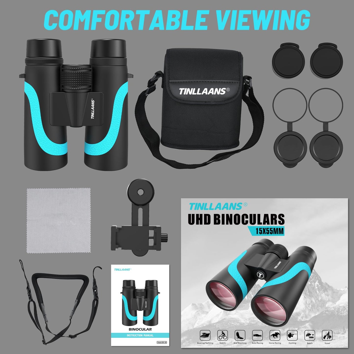 Tinllaans 15x55 HD Binoculars for Adults – High Powered Large View, BAK4 Prism, Waterproof & Lightweight for Bird Watching, Hiking, Travel, Cruise, Sports with Phone Adapter (Blue)