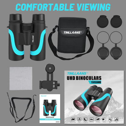 Tinllaans 15x55 HD Binoculars for Adults – High Powered Large View, BAK4 Prism, Waterproof & Lightweight for Bird Watching, Hiking, Travel, Cruise, Sports with Phone Adapter (Blue)