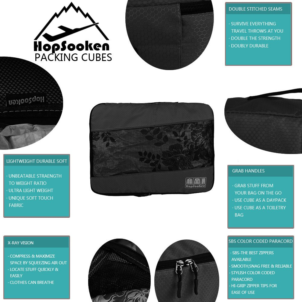 Hopsooken 5 Set Packing Cubes for Travel Large Suitcase Luggage Organizer Bags Travel Accessories Vacation 4 Cubes 1 Laundry Pouch Bag (Black)