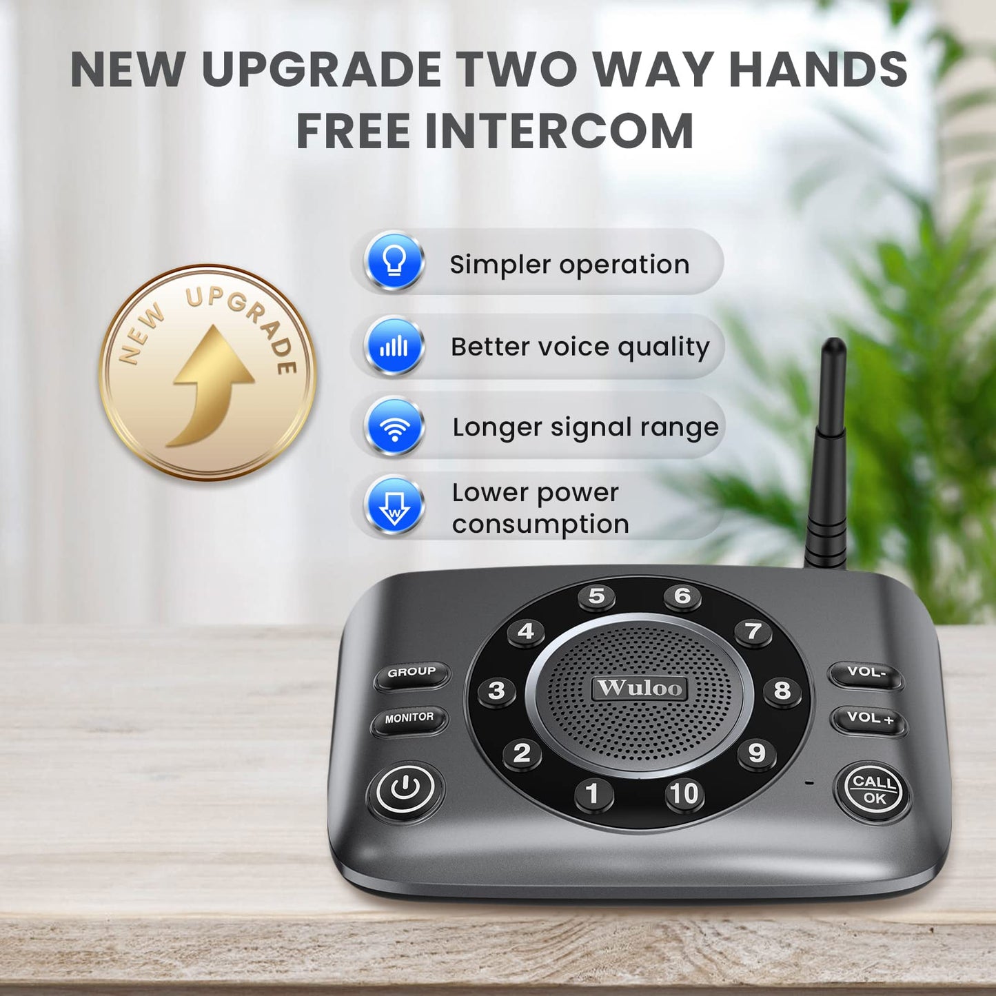 Hands-Free Intercoms Wireless for Home Business, Wuloo Upgrade Two Way Audio Intercom System for Elderly, Full Duplex Room to Room Intercom with 5280 ft Range Clear Sound Anti-Interference, Pack of 2