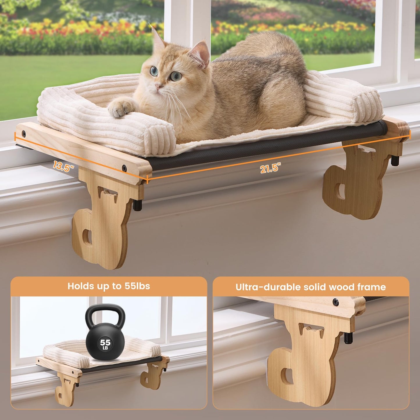 Gardner Pet Cat Window Perch, 2 in 1 Cat Hammock Window Sill Seat with Cushion, Adjustable Cat Bed for Window sill, Wood & Metal Frame for Large Cats(Beige)