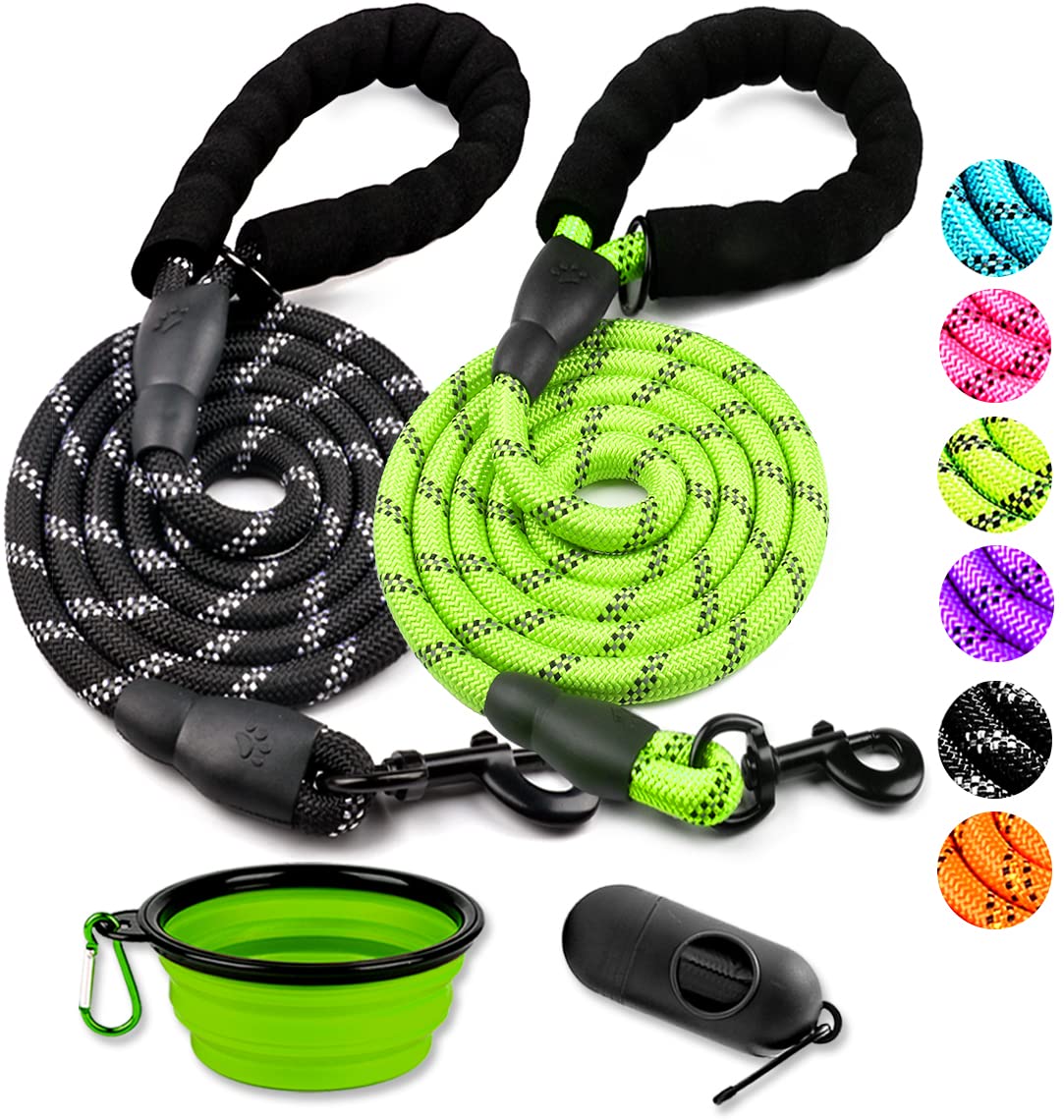 COOYOO 2 Pack Dog Leash 6 FT Heavy Duty - Comfortable Padded Handle - Reflective Dog Leash for Medium Large Dogs with Collapsible Pet Bowl Set 6-Black+Green