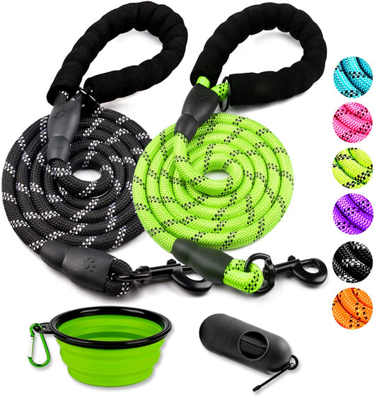 COOYOO 2 Pack Dog Leash 6 FT Heavy Duty - Comfortable Padded Handle - Reflective Dog Leash for Medium Large Dogs with Collapsible Pet Bowl Set 6-Black+Green