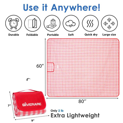 GIVERARE Picnic Beach Blanket Extra Large, XL Sandproof Waterproof Outdoor Camping Blankets 80x60in, Sand Free Oversized Mat, Quick Drying Portable Mats for Travel, Hiking, Music Festival, Lawn-Red