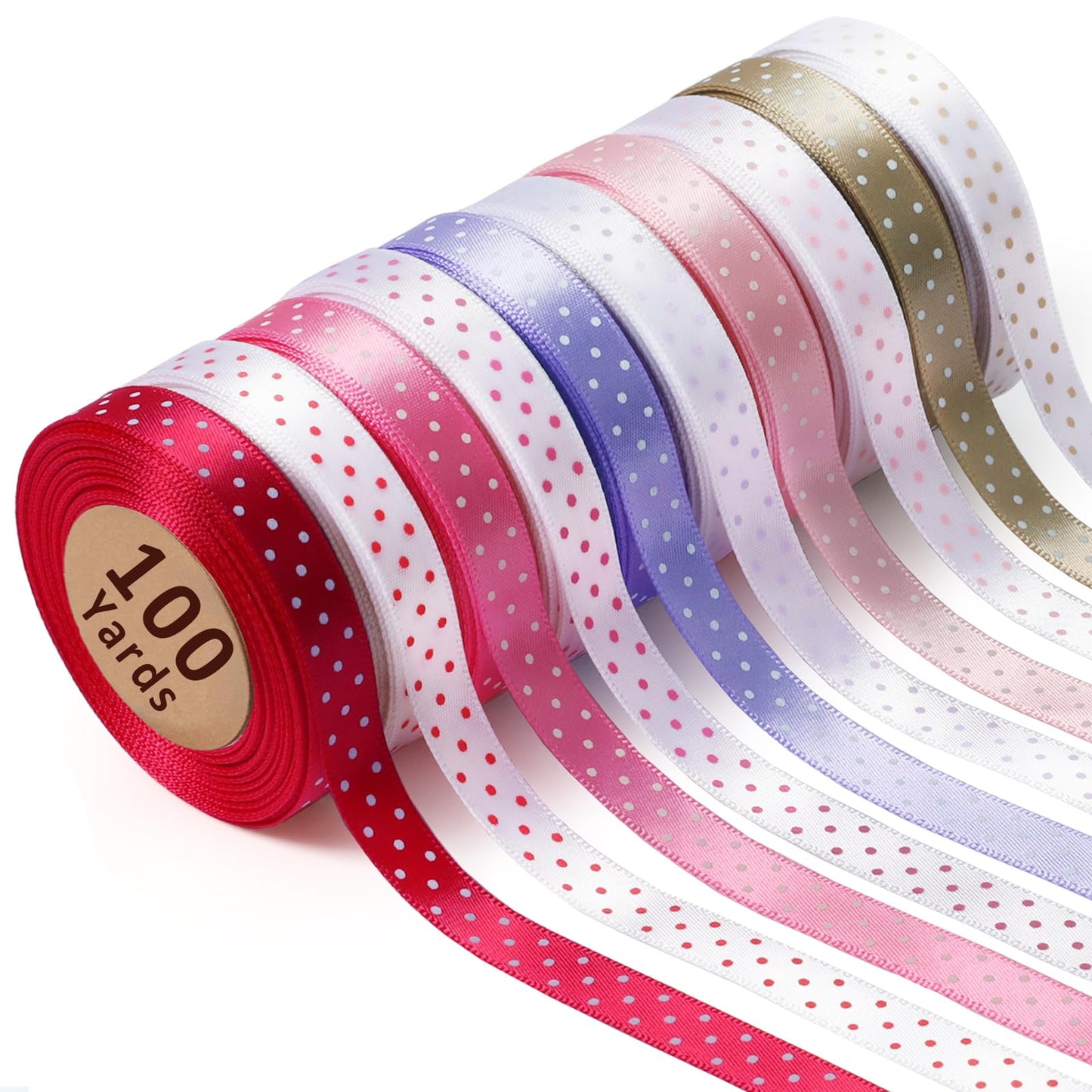 LaRibbons Polka Dot Satin Ribbon Variety Pack 100 Yards, 3/8" X 10 Yards/Roll Hot Pink Red Purple Khaki Assorted Ribbons for Crafts, Valentines, Gift Wrapping, Hair Bows
