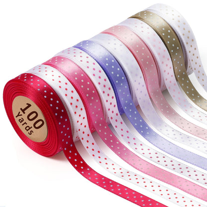 LaRibbons Polka Dot Satin Ribbon Variety Pack 100 Yards, 3/8" X 10 Yards/Roll Hot Pink Red Purple Khaki Assorted Ribbons for Crafts, Valentines, Gift Wrapping, Hair Bows