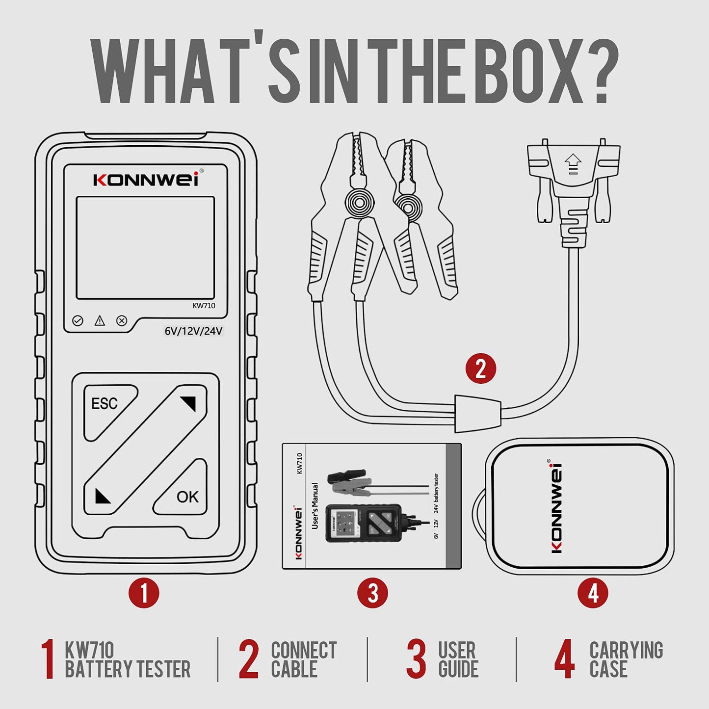 KONNWEI KW710 Car Battery Tester 6V 12V 24V, Battery Load Tester Automotive 100-2000CCA Digital Auto Battery Analyzer Alternator Starter Tester for Car Truck Motorcycle Marine ATV SUV