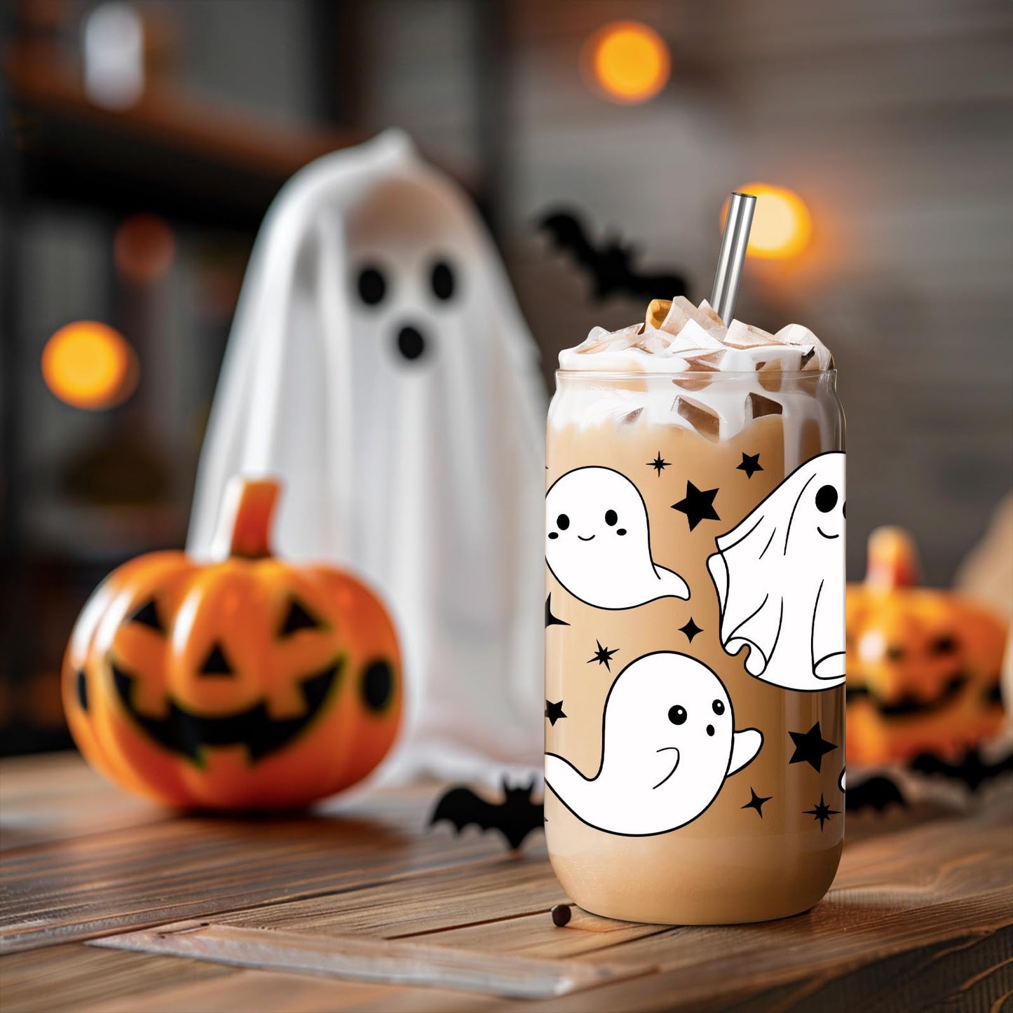 Coolife Ghost Halloween Cup, 16 oz Tumbler Glass Cups w/Lids Straws - Spooky Iced Coffee Mug for Smoothie, Cute Halloween Gifts for Women, Girls - Boo Basket Stuffers, Spooky Gifts for Teens, Her