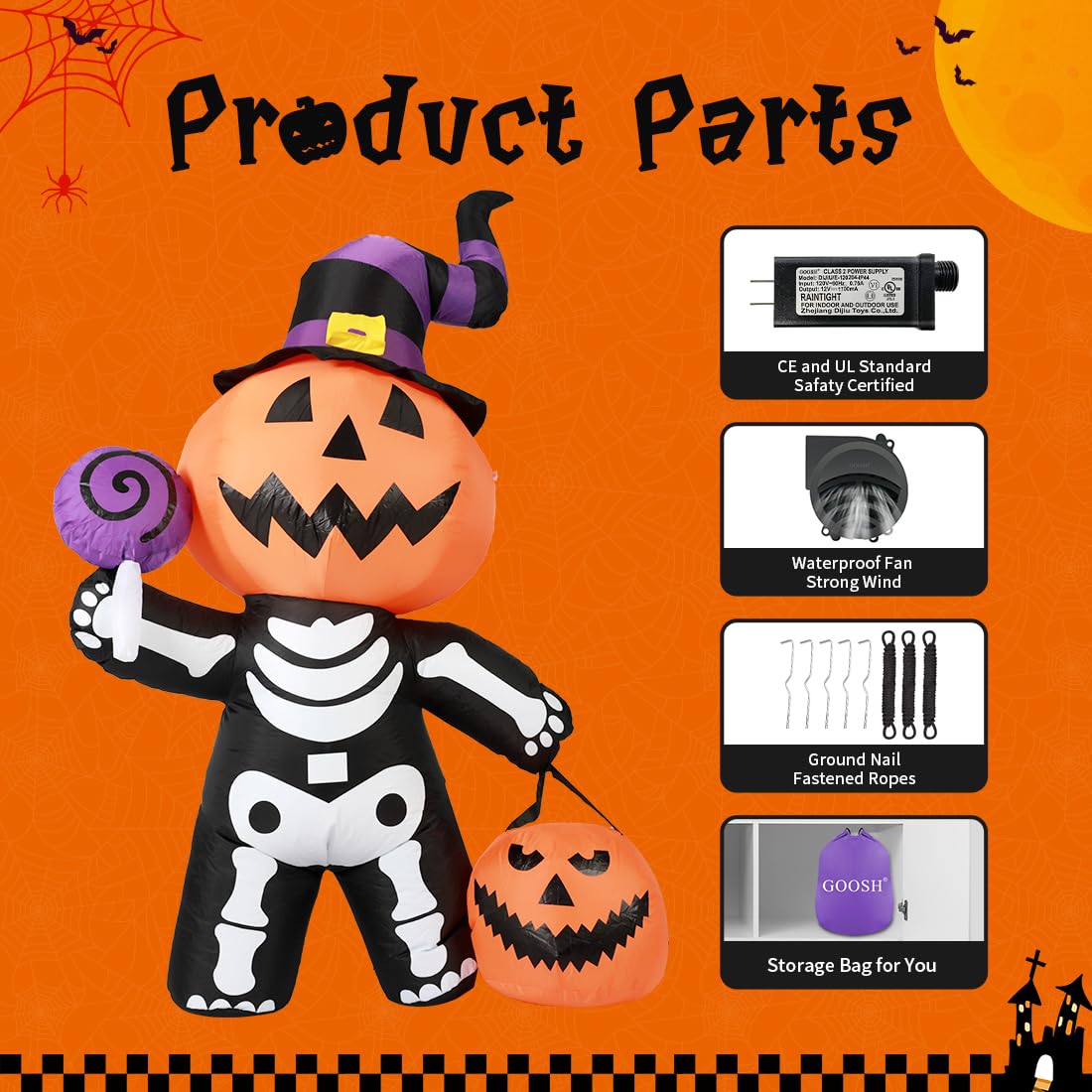 GOOSH 6 FT Halloween Inflatable Pumpkin Skull Body Outdoor Decorations Blow Up Yard Pumpkin with Built-in LEDs for Garden Lawn Party Decor