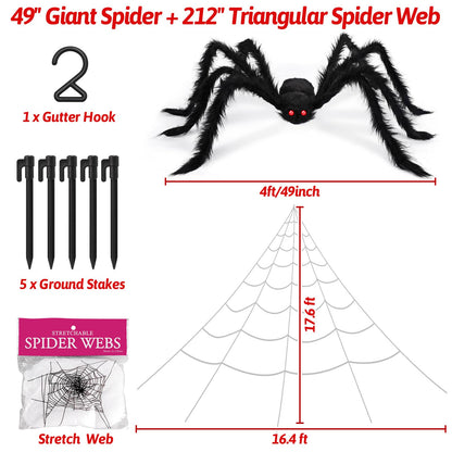 EZIGO 212'' Triangular Huge Halloween Spider Web 49" Giant Fake Spider for Outdoor Halloween Decorations with Stretch Cobweb, halloween Party Supplies for Indoor Home Yard Haunted House Décor