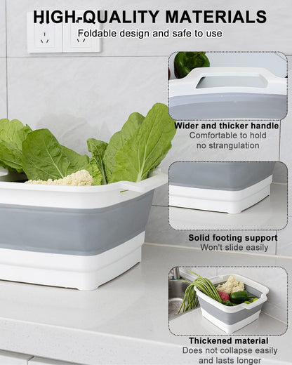 Collapsible Wash Basin with Drain Plug 9L (2.4Gal), Dishpan for Washing Dishes Basin,Collapsible Dish Tub Portable Sink for Kitchen Sink, Camping RV Washing Tub(Gray)