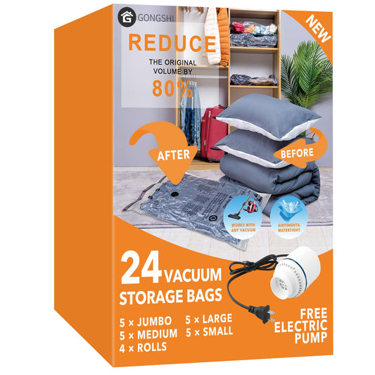 24 Pack Vacuum Storage Bags with Electric Pump, (5 Jumbo, 5 Large, 5 Medium, 5 Small, 4 Roll Up Bags) Space Saver Bag for Clothes, Mattress, Blanket, Duvets, Pillows, Comforters,Travel