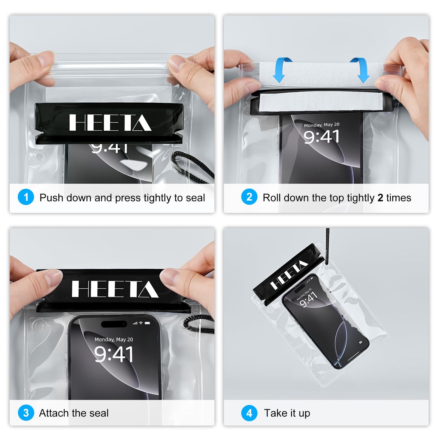 HEETA 5-Pack Clear Waterproof Dry Bag, Water Tight Cases Pouch Dry Bags for Camera Mobile Phone Maps, Kayaking Boating Document Holder (Black)