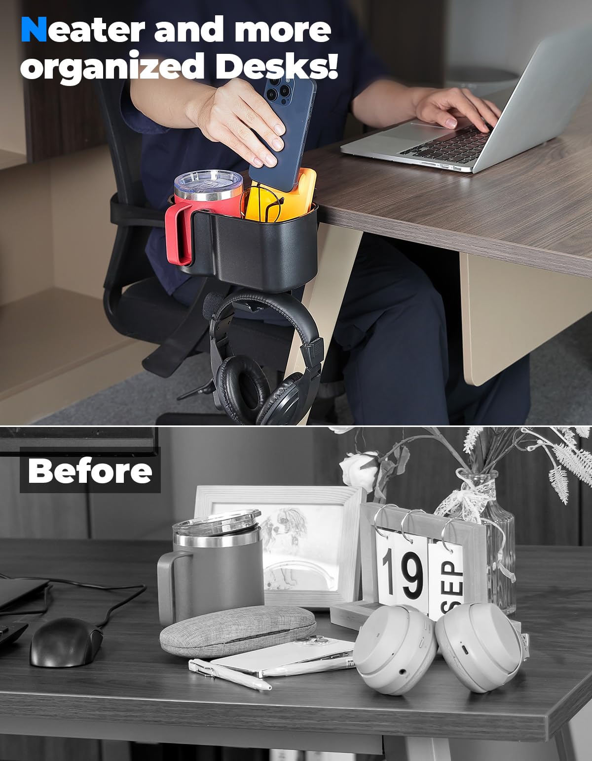 KEMIMOTO Desk Cup Holder with Headphone Hanger, 2 in 1 Caddy Organizer for Office Table, Lawn Chair, Golf Cart, Pontoon Boat, Fit for Most 18-32 oz Bottles (1)