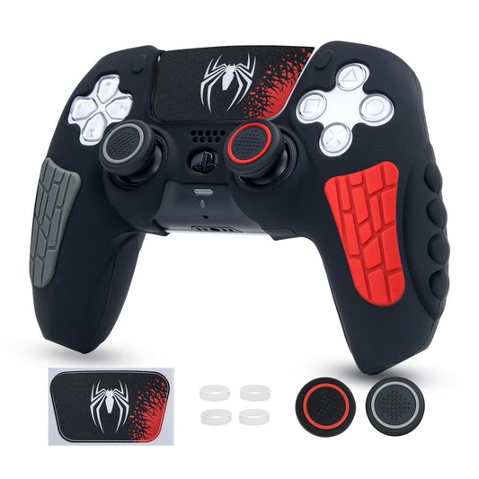 ECHZOVE PS5 Controller Cover Case - Anti-Slip Silicone Skin for PS5 DualSense Controller with Thumb Grip Caps, Joystick Protectors, Spider-Man Theme Sticker - Black