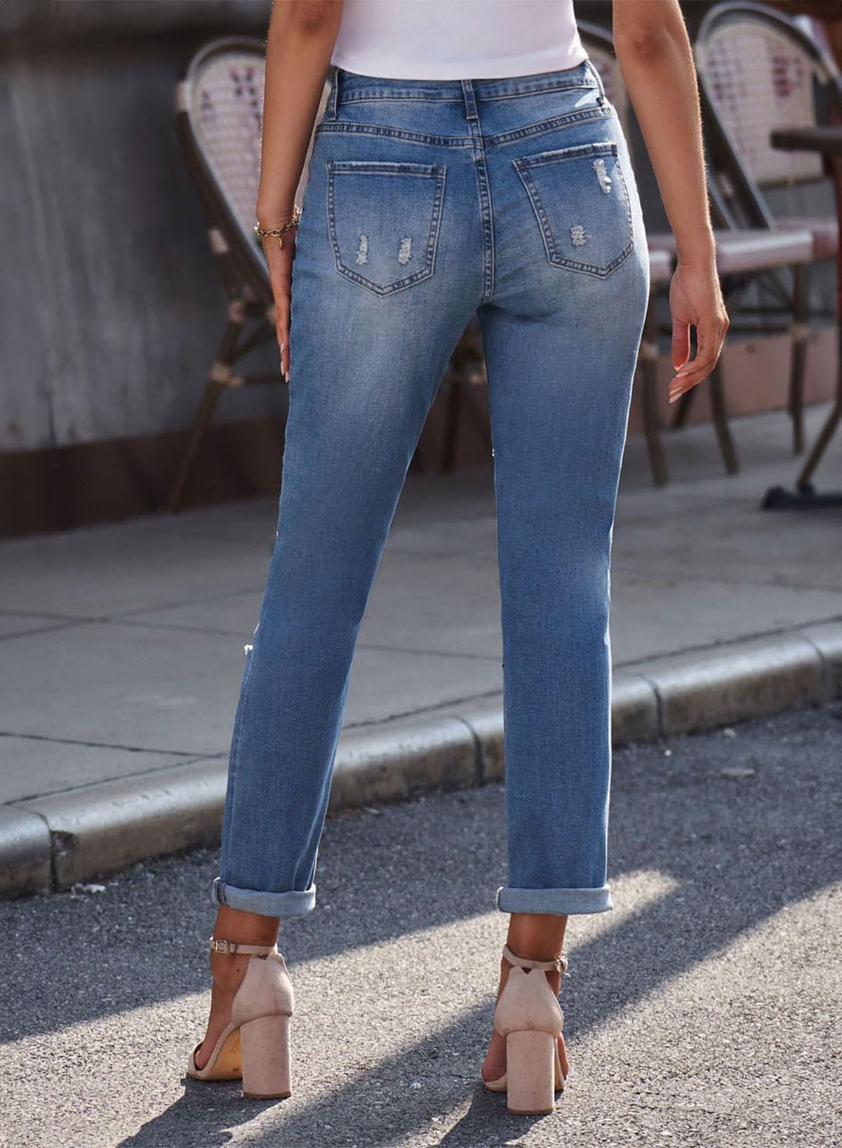 EVALESS Ripped Jeans Womens Halloween Pants Pumpkins Print Stretch Jeans Bootcut Boyfriend Distressed Jeans Cute Patchwork Trendy Denim Jeans Butt Lifting Pants with Pockets Blue X-Large