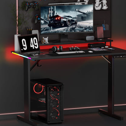 GTRACING 55 Inch Gaming Desk with LED Lights, Large Computer Desk with Mouse Pad for Home Office, T-Shaped Carbon Fibre Surface PC Game Workstations with Headphone Hook