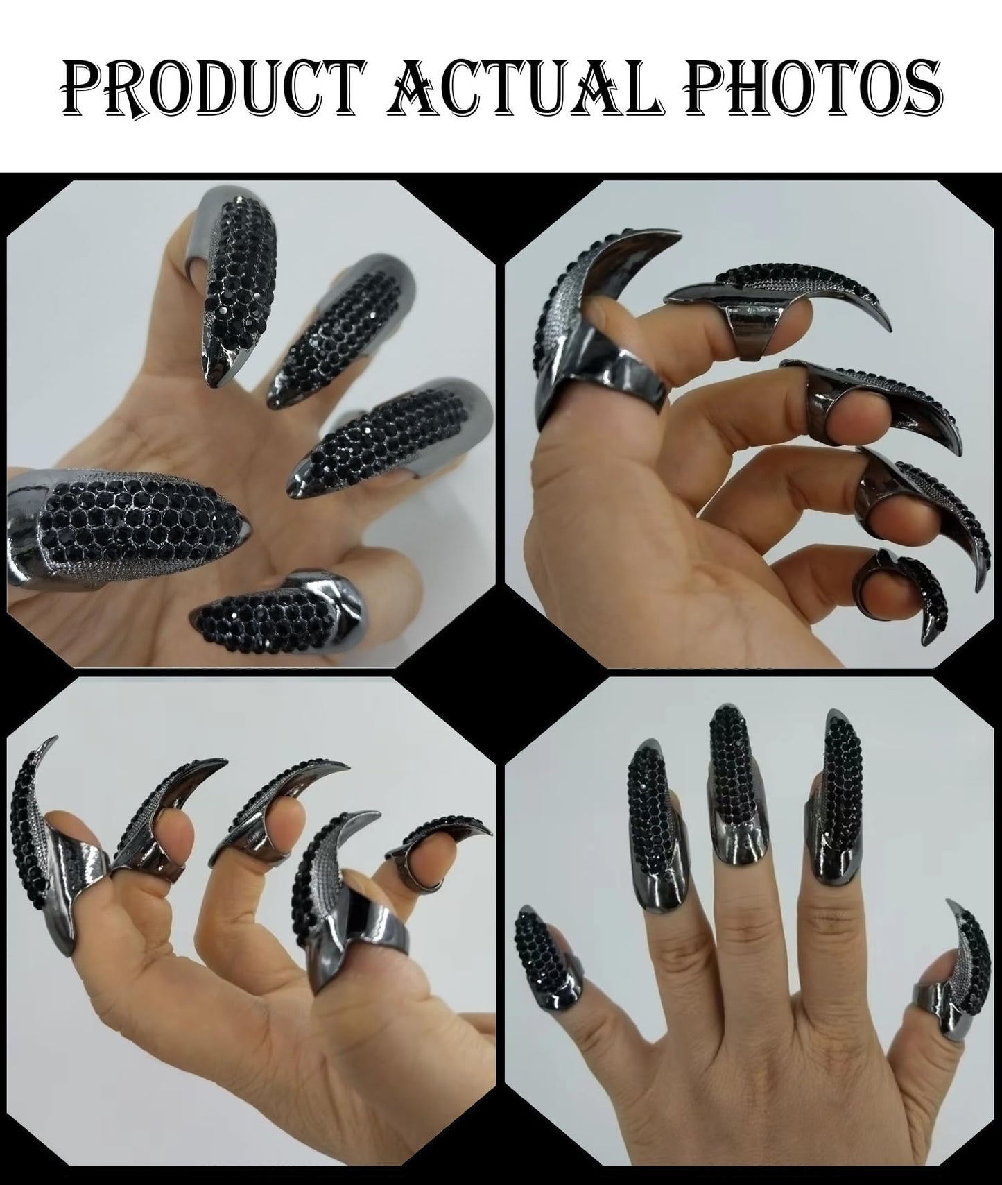 10 Pcs Halloween Costume Claws Fake Nails Ring Set, Bestga Gothic Punk 3 Sizes Crystal Full Finger Rings Paved Paw Bend Fingertip Fingernail Claw Girls Women Men Ring False Easy Long Nails (Black)