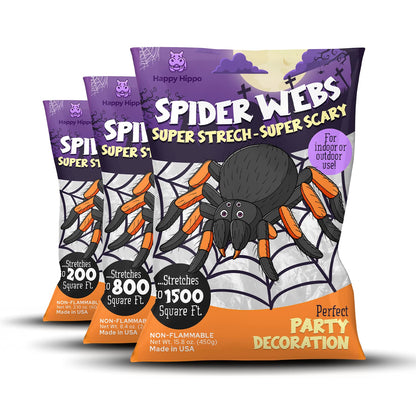 Happy Hippo Halloween Spider Web Decoration, 200 Sqare Feet & Plastic Spiders, Halloween Party Supplies, Spider Webs (Small, 200 Sq Feet) (8 Fake Spiders Included)