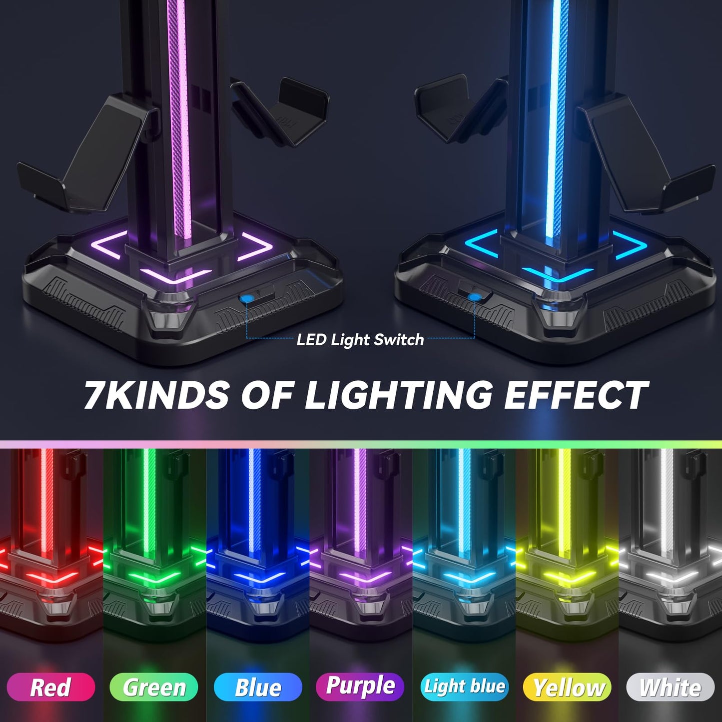 KDD RGB Headset Stand with 9 Light Modes - Controller Holder for Desk - Rotatable Headphone Stand & Detachable Controller Hook for PC Earphone Accessories(Black)