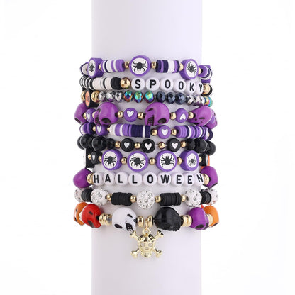 Cooluckday 10 Pcs Stackable Bracelet Set - Halloween Bracelets with Pumpkin, Spider, Ghost Charms - Stretch Bracelets for Women - BOO Happy