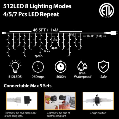 Halloween Icicle Lights Outdoor, 512 LED 46.5 FT 8 Lighting Modes with Timer & Memory, Curtain Fairy String Lights With 96 Drops for Halloween Decorations Holiday Party Eaves Yard (Purple & Orange)