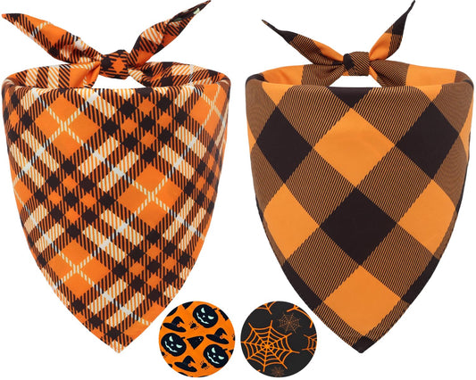 2PCS Fall Dog Bandanas,Halloween Dog Bandanas,One Side Orange Plaid,The Other Side Pumpkin or Spider Web Bibs,Holiday Pet Scarf for Boy and Girl Dogs,Thanksgiving Pet Outfit for Medium to Large Dogs