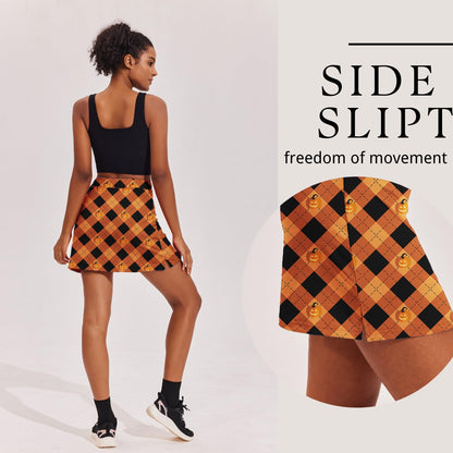 Ekouaer Womens Halloween Skirt Skorts with Pockets High Waisted Pickleball Skirts Printed Tennis Skorts,Orange Print XL