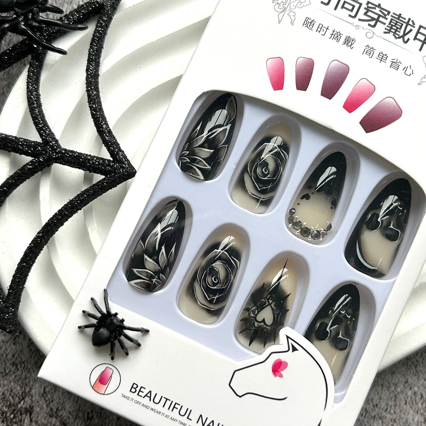 KKUUOO Stiletto Press-on Nails - Goth Fake Nails with Skull & Black Rose Design, Rhinestone Full Cover Acrylic Nails, 24pcs for Women, Girls & Halloween Manicure