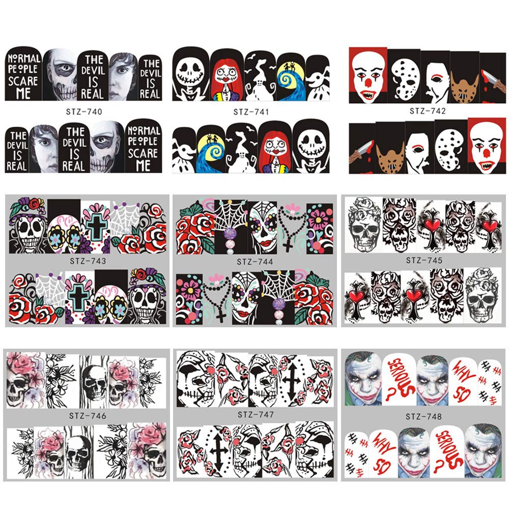 Halloween Nail Stickers - 24 Sheets Day of The Dead Water Transfer Nail Decals Ghost Spider Face Web Witch Skeleton Nail Art Stickers Wraps Manicure Tips Strips Decoration for Halloween Party Supply