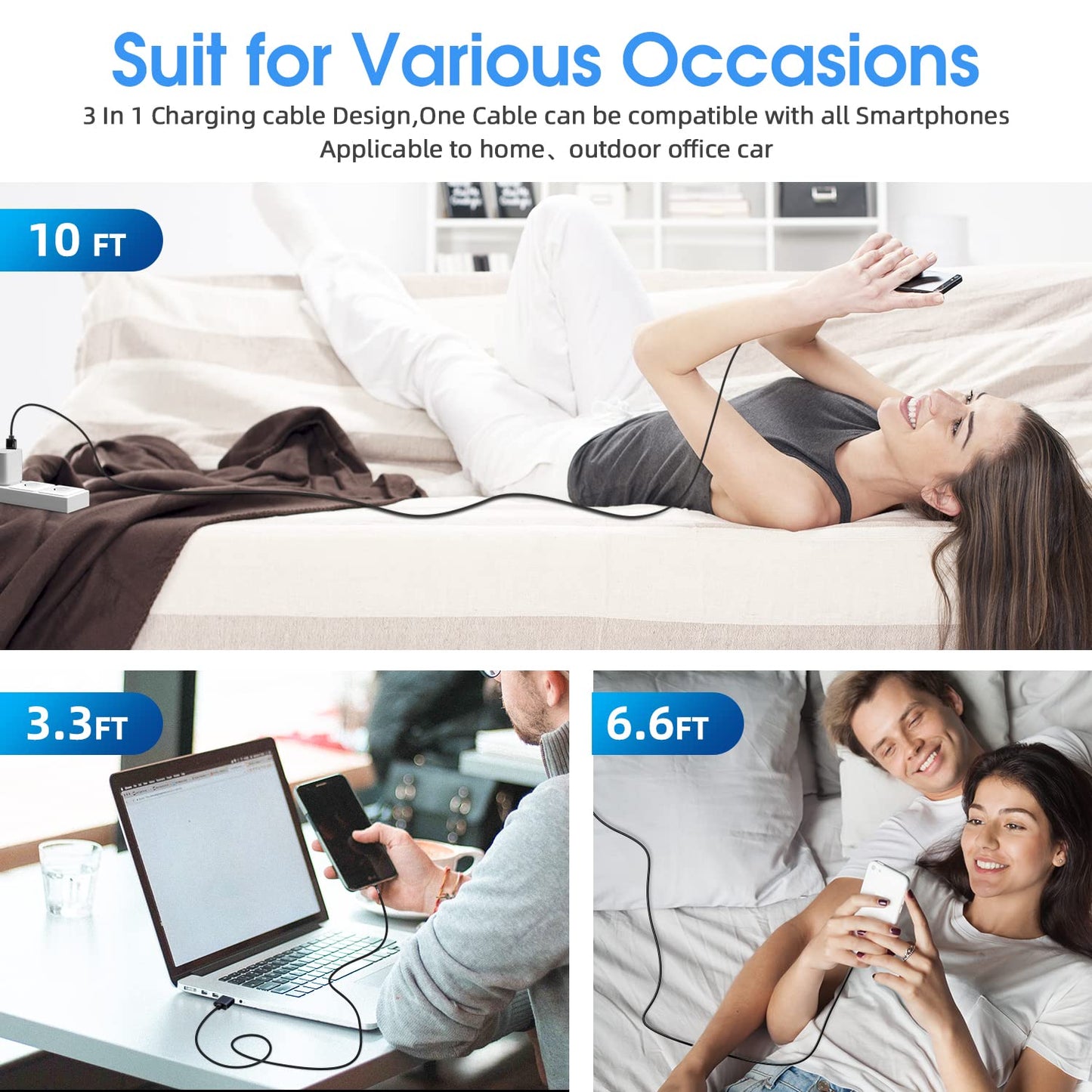 7-Pack 1.6FT/3FT/3FT/3FT/6FT/6FT/10FT 540 Rotating Magnetic Phone Charger 3 in 1 Magnetic Cable Nylon Braided USB Charger Cable for Micro USB/Type C/iProduct Device - Black