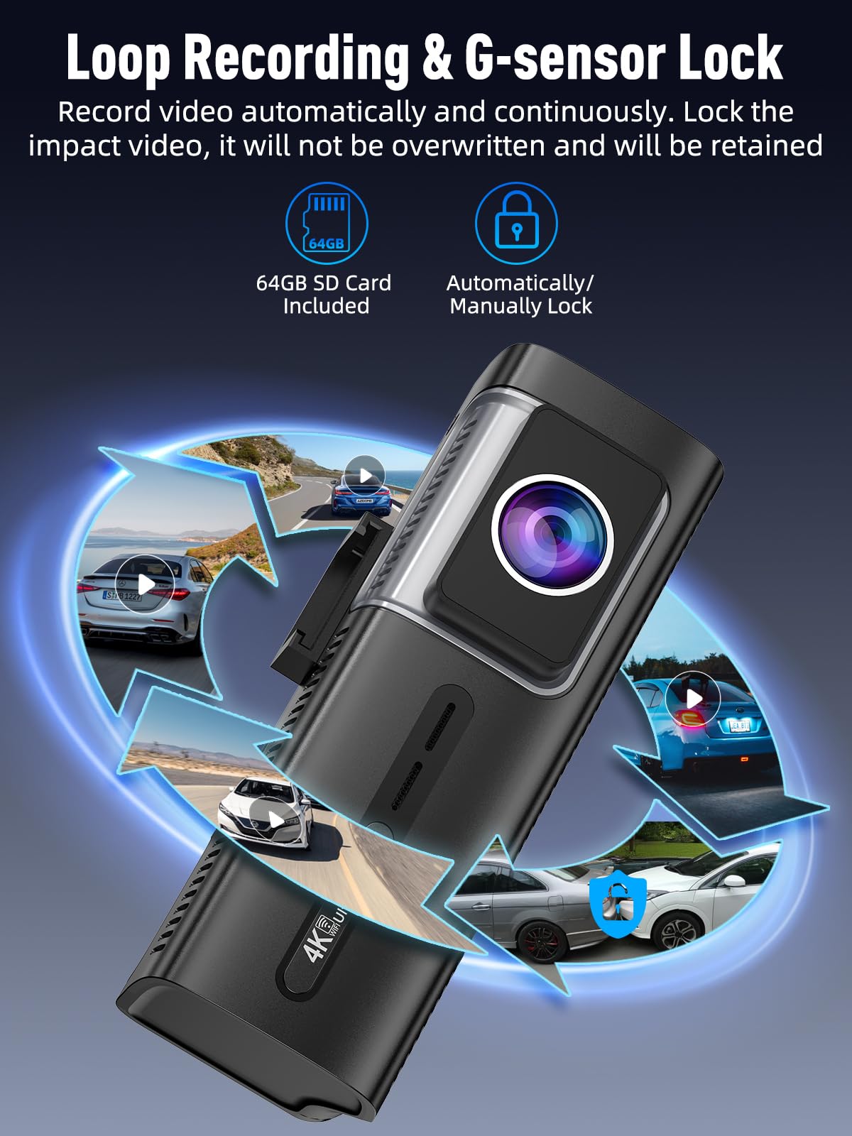 3 Channel 5G WiFi Dash Cam, 4K+1080P+1080P Dash Cam Front and Rear Inside with 64GB Card, 3.16” IPS Screen, G-Sensor, Loop Recording, Parking Monitor, 170° Wide Angle, IR Night Vision, WDR, Silver
