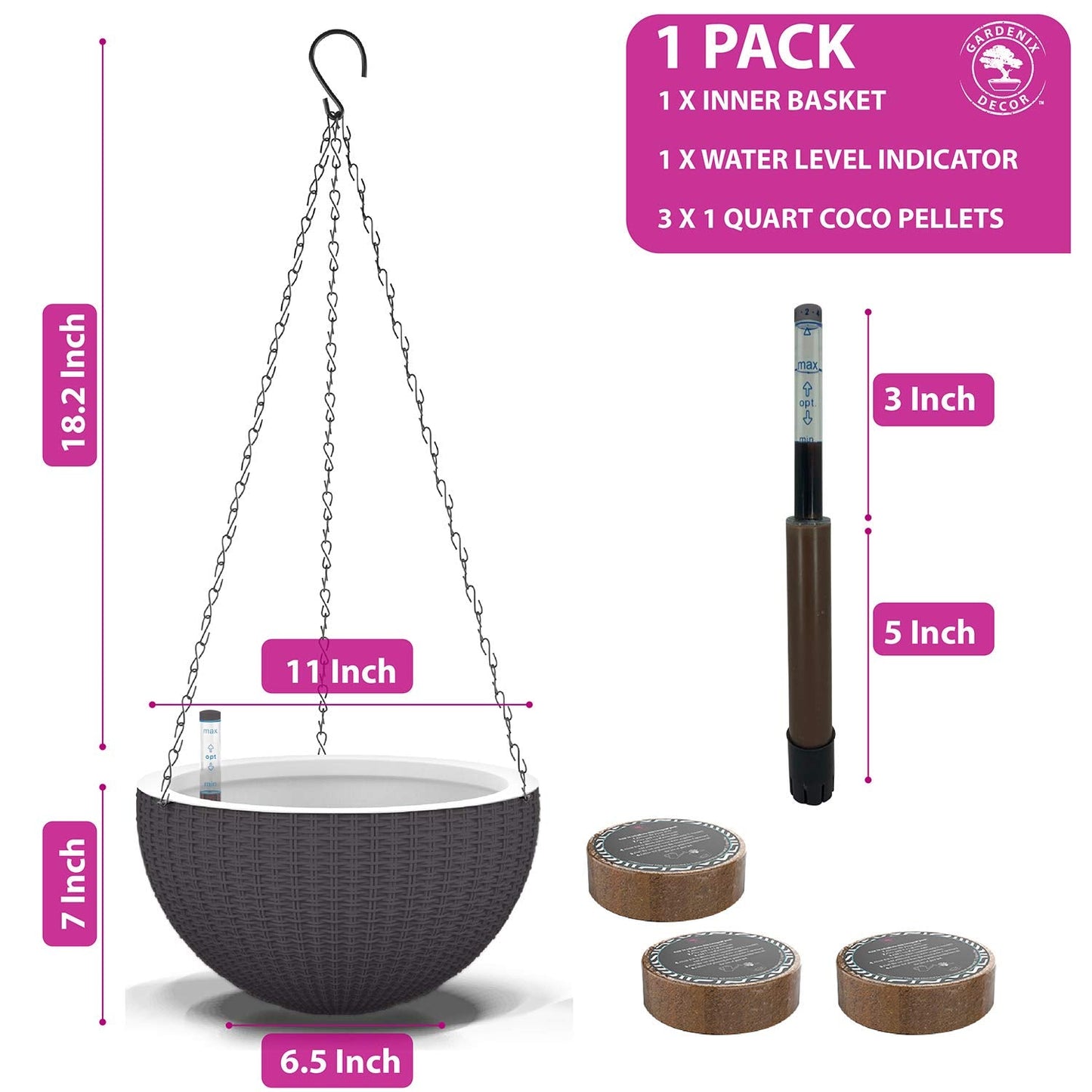 GARDENIX DECOR 11'' Self Watering Hanging planters for Indoor Plants - Flower Pot with Water Level Indicator for Plants, Hanging pots - Self Watering Planter Plant Pot-Coco Coir - Round 1 Pack - Gray