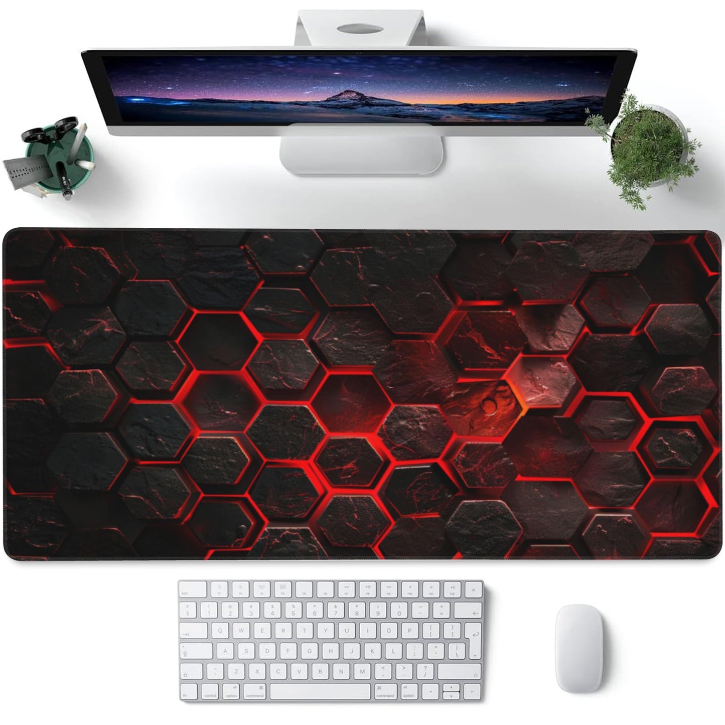 Large Gaming Mouse Pad for Desk,Red Honeycomb Science Technology Desk Mat,Honeycomb Hexagon Desk Pad,Extended Big Computer Keyboard Mouse Pad with Non-Slip Base Stitched Edges 35.4"x15.7"